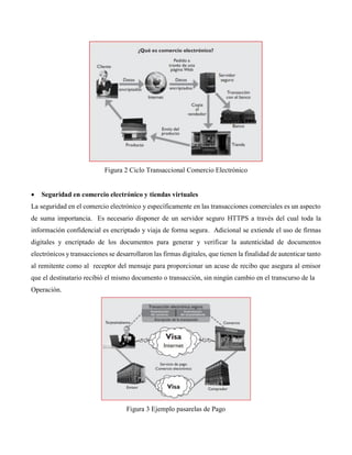 Figura 2 Ciclo Transaccional Comercio Electrónico
 Seguridad en comercio electrónico y tiendas virtuales
La seguridad en el comercio electrónico y específicamente en las transacciones comerciales es un aspecto
de suma importancia. Es necesario disponer de un servidor seguro HTTPS a través del cual toda la
información confidencial es encriptado y viaja de forma segura. Adicional se extiende el uso de firmas
digitales y encriptado de los documentos para generar y verificar la autenticidad de documentos
electrónicos y transacciones se desarrollaron las firmas digitales, que tienen la finalidad de autenticar tanto
al remitente como al receptor del mensaje para proporcionar un acuse de recibo que asegura al emisor
que el destinatario recibió el mismo documento o transacción, sin ningún cambio en el transcurso de la
Operación.
Figura 3 Ejemplo pasarelas de Pago
 