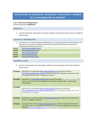 ESTRATEGIAS DE BÚSQUEDA, SELECCIÓN, EVALUACIÓN Y MANEJO
              DE LA INFORMACIÓN EN INTERNET

Elaboró: Silvia Ivonne Vázquez Castro.
Fecha de elaboración: 02/09/2012

PROPÓSITO

         Encontrar fuentes de información en internet, validadas y de confianza sobre los temas: Inteligencia
         colectiva y SIC.

FUENTES DE INFORMACIÓN
         De acuerdo con las recomendaciones elaboradas para la búsqueda, selección y discriminación de la
         información, se muestran las siguientes direcciones electrónicas (URL) que sirvieron para la
         recuperación de datos sobre el tema.
Fuente        https://www.google.com.mx/
Fuente        http://www.altavista.com/
Fuente        http://scholar.google.es/
Fuente        http://www.alexa.com/
Fuente        https://www.ixquick.com/

PALABRAS CLAVES

         Se hace una descripción de las estrategias y palabras clave para localizar información relevante
         sobre el tema.

Estrategia   Descripción: En el buscador https://www.google.com.mx/ encontré la fuente
             http://www.scbtdesarrollo.com.mx empleando el operador booleano y seleccionar mejor
             mi búsqueda de tal manera: “inteligencia colectiva”

Estrategia   Descripción: En http://www.altavista.com/ encontré la página http://www.e-socrates.org
             que es un formato en pdf, conseguido con el operador booleano AND : sociedad AND
             conocimiento.

Estrategia
             Descripción: en el buscador http://scholar.google.es/ encontré la dirección:
             http://sociedadinformacion.fundacion.telefonica.com con el operador booleano OR es decir:
             sociedad OR conocimiento.


Estrategia   Descripción: En cuanto al buscador http://www.alexa.com/ decidí buscar por la web con
             la frase: “inteligencia colectiva”

Estrategia   Descripción: Por último en https://www.ixquick.com/ utilicé un operador booleano mas
             especifico es decir: T: Sociedad de la información y conocimiento. Obteniendo la siguiente
             dirección http://www.analfatecnicos.net con un formato en pdf.
 