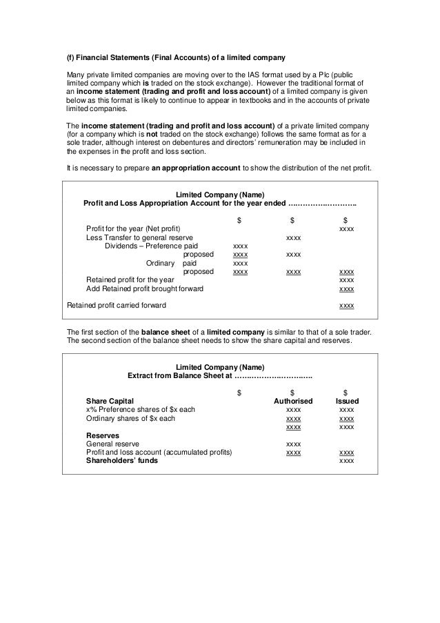 Format Of All Accounts For O Levels