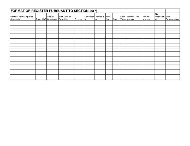 Format Of All Statutory Registers Under Companies Act