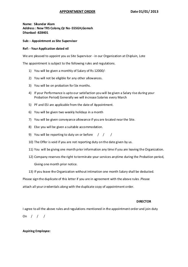 appointment letter format with salary up format of appointment order appointment letter format with salary up format of appointment order