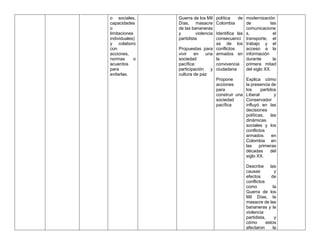 o sociales,
capacidades
o
limitaciones
individuales)
y colaboro
con
acciones,
normas o
acuerdos
para
evitarlas.
Guerra de los Mil
Días, masacre
de las bananeras
y violencia
partidista
Propuestas para
vivir en una
sociedad
pacífica:
participación y
cultura de paz
política de
Colombia
Identifica las
consecuenci
as de los
conflictos
armados en
la
convivencia
ciudadana
Propone
acciones
para
construir una
sociedad
pacífica
modernización
de las
comunicacione
s, el
transporte, el
trabajo y el
acceso a la
información
durante la
primera mitad
del siglo XX.
Explica cómo
la presencia de
los partidos
Liberal y
Conservador
influyó en las
decisiones
políticas, las
dinámicas
sociales y los
conflictos
armados en
Colombia en
las primeras
décadas del
siglo XX.
Describe las
causas y
efectos de
conflictos
como la
Guerra de los
Mil Días, la
masacre de las
bananeras y la
violencia
partidista, y
cómo estos
afectaron la
 