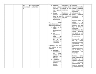 en las
comunidade
s.
común y a la
solidaridad.
• Relación
entre altitud,
cercanía al
mar y tipos de
clima
• Zonas
térmicas del
país y sus
implicaciones
económicas
La órbita
geoestacionaria y las
telecomunicaciones:
• ¿Qué es la
órbita
geoestaciona
ria?
• Su
importancia
para las
comunicacion
es y la
tecnología en
Colombia
Colombia: un país
con salida a dos
océanos:
• Ventajas
económicas
de tener
costas en el
Pacífico y el
Atlántico
• Comercio
internacional,
puertos,
pesca y
turismo
Reconoce las
ventajas de la
salida a dos
océanos.
Relaciona la
geografía con
la economía
del país.
Nombra
correctamente los
países y océanos
que limitan con
Colombia,
diferenciando
entre fronteras
terrestres y
marítimas.
Explica cómo la
altitud y la
cercanía al mar
influyen en los
tipos de clima en
Colombia,
identificando las
zonas térmicas
del país y sus
implicaciones en
la economía.
Comprende qué
es la órbita
geoestacionaria y
argumenta su
importancia para
las
telecomunicacion
es, el clima y la
tecnología en
Colombia.
Explica cómo
tener costas en el
Pacífico y el
Atlántico favorece
el comercio
internacional, el
turismo, la pesca
y el desarrollo de
 