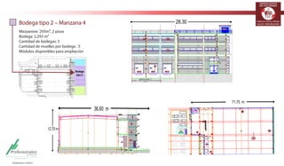 TERMINALES LOGÍSTICOS 
DE COLOMBIA 
Bodega tipo 2 – Manzana 4 
Mezzanine: 293m², 2 pisos 
Bodega: 2.293 m² 
Cantidad de bodegas: 5 
Cantidad de muelles por bodega : 3 
Módulos disponibles para ampliación 
Bodega 
tipo 2 
28,30 
71,75 m 
36,60 m 
12,70 m 
 