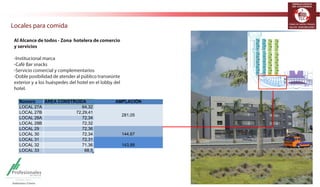 TERMINALES LOGÍSTICOS 
DE COLOMBIA 
Locales para comida 
Primer piso 
interno 
Características 
Ubicación: Zona industrial Mamonal 
Área total: 645,11 m² 
Sobre la vía a Cartagena y la vía a Turbaco 
Primer piso 
Bahías de parqueo 
Módulos disponibles para ampliación 
-Muros Internos: Dry wall 
-Muros Externos: bloque cemento 40 x 20 
-Pisos: Porcelanato zement 60 x 60 o similar 
-Ventaneria: Puerta-ventana corredera en vidrio 
laminado 3+3 
 