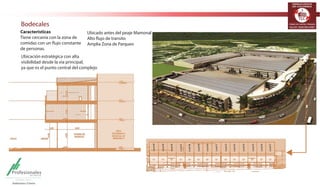 TERMINALES LOGÍSTICOS 
DE COLOMBIA 
Bodecales 
El diseño ideal que permite vender y almacenar en un mismo lugar 
Características 
Bahías de parqueo 
.ØEVMPTEJTQPOJCMFTQBSBBNQMJBDJØO 
Área CPEFDBMFT
NUT¤ 
MUVSBMJCSFEF
mtsDPOQPTJCJMJEBE 
EFBMNBDFOBSQPTJDJPOFTFOFTUBOUFSÓB 
FOMB[POBQPTUFSJPS 
NÚMERO 
ÁREA 
CONSTRUIDA 
FRENTE FONDO 
ÁREA 
CONSTRUIDA 
FRENTE FONDO 
ÁREA 
TOTAL 
BODECAL 44 113,51 10,35 10,54 172,845 10,35 16,70 286,36 
BODECAL 45 111,26 10,20 10,54 - 8,25 172,845 10,35 16,70 284,11 
BODECAL 46 86,43 10,20 8,25 172,845 10,35 16,70 259,28 
BODECAL 47 86,94 10,20 8,25 172,845 10,35 16,70 259,79 
BODECAL 48 86,94 10,20 8,25 172,845 10,35 16,70 259,79 
BODECAL 49 86,94 10,20 8,25 172,845 10,35 16,70 259,79 
BODECAL 50 86,94 10,20 8,25 172,845 10,35 16,70 259,79 
BODECAL 51 89,46 10,43 8,25 172,845 10,35 16,70 262,31 
BODECAL 52 89,46 10,43 8,25 172,845 10,35 16,70 262,31 
BODECAL 53 86,94 10,20 8,25 172,845 10,35 16,70 259,79 
BODECAL 54 86,94 10,20 8,25 172,845 10,35 16,70 259,79 
BODECAL 55 86,94 10,20 8,25 172,845 10,35 16,70 259,79 
BODECAL 56 86,94 10,20 8,25 172,845 10,35 16,70 259,79 
BODECAL 57 88,20 10,27 8,25 172,845 10,35 16,70 261,05 
 