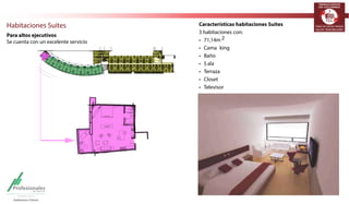 TERMINALES LOGÍSTICOS 
DE COLOMBIA 
Hotel 
Para empresarios, clientes y colaboradores con 178 habitaciones. 
Se cuenta con un servicio hotelero con altos estándares de calidad: 
Zona Ejecutiva 
127 habitaciones con: 
t 2 camas semidobles, 
t Baño 
t Sala 
t Closet 
t Televisor 
t Aire acondicionadoc entral 
Suites 
3 habitaciones con: 
t Cama king 
t Baño 
t sala 
t Terraza 
t Closet 
t Televisor 
t Aire acondicionado central 
Zona VIP 
48 habitaciones con: 
t Cama king 
t Baño 
t Sala 
t Closet 
t Televisor 
t Aire acondicionado central 
 