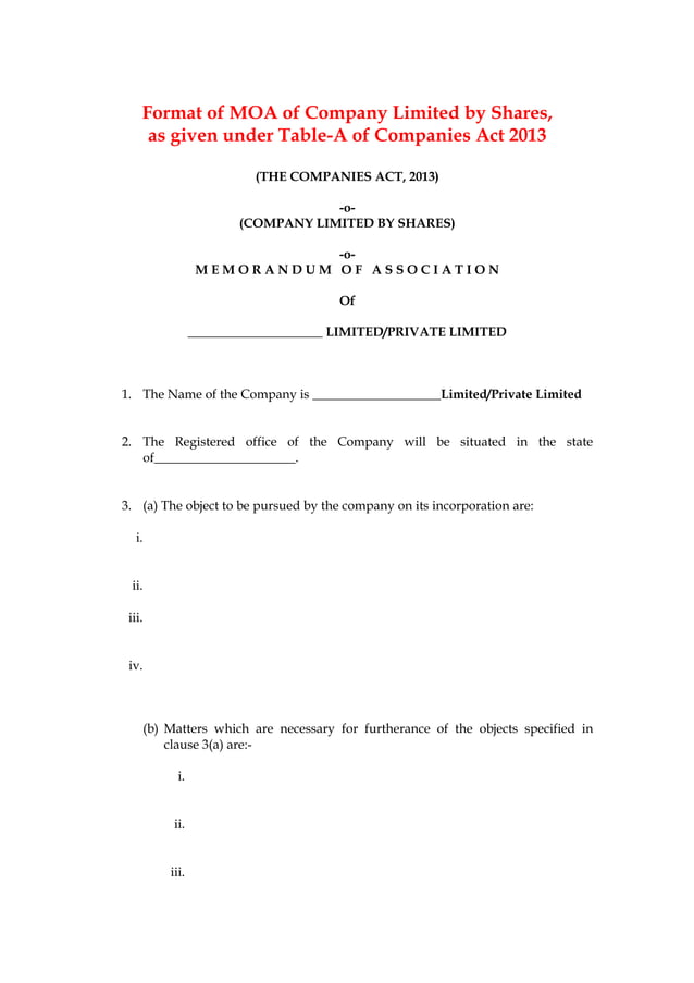 Format of moa new companies act 2013 ( moa as per companies act 2013 ...