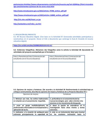 goelementos.htmhttp://www.enbuenasmanos.com/articulos/muestra.asp?art=1624http://html.rincondelv
ago.com/elementos-quimicos-de-los-seres-vivos.html
http://www.mineducacion.gov.co/1621/articles-75768_archivo_pdf.pdf
http://www.mineducacion.gov.co/1621/articles-116042_archivo_pdf2.pdf
http://clic.xtec.cat/db/listact_es.jsp
http://webardora.net/index_cas.htm
6. APLICACIÓN DEL PROYECTO
6.1. Mi Recurso Educativo Digital. (Con base en la Actividad 27: Generando actividades participativas y
constructivas en el proyecto. Anexe el link o documento que contenga la Guía 8: Creando mi recurso
educativo digital).
https://es.scribd.com/doc/310383129/GUIA-8-G-6-C
6.2. Evidencias fotográficas. (Relacione dos fotografías como lo solicita la Actividad 28: Ejecutando las
actividades del proyecto acompañado por el formador.)
Foto1 (Panorámica) Foto2 (Interaccióndel
estudiante conel recursoeducativo)
Foto1 (Panorámica) Foto2 (Interaccióndel
estudiante conel recursoeducativo)
6.3. Opciones de mejora y fortalezas. (De acuerdo a la Actividad 29: Realimentando la actividad bajo un
enfoque constructivista, describa las opciones de mejora y fortalezas de su Proyecto Educativo TIC.)
Opciones de mejora. Fortalezas.
1. Reforzar aun más, los estilos tradicionales
en relación con el conocimiento impartido.
1. profundizaren el conocimientode las
nuevastecnologías para saber orientar a los
alumnos enlos mecanismosde búsqueda.
2. crear un grupo multidisciplinario de
profesionalesinteresadosenlaincorporación y
aplicación de las tic.
2. darse la opción de extenderse en la
investigación hacia otros niveles y temas
concretos.
3. motivarse a la creación de webquest para
estimular principalmente la capacidad de
3. este es un instrumento ideal para inculcar
en los escolares inclinación hacia la
 