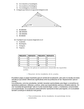 B. 2 es isósceles y 5 acutángulo.
C. 3 es escaleno y 4 rectángulo.
D. 5 es rectángulo y 1 escaleno.
9. El ángulo que falta en el siguiente triángulo es de
A. 46 GRADOS
B. 180 GRADOS
C. 226 GRADOS
D. 90 GRADO
10. El polígono que no posee diagonales es el
A. Cuadrado.
B. Rectángulo.
C. Triángulo.
D. Trapecio
PREGUNTA RESPUESTA PREGUNTA RESPUESTA
1 B 6 C
2 D 7 A
3 D 8 D
4 A 9 A
5 D 10 C
Después de aplicar el cuestionario desarrolle los siguientes
puntos:
• Resumen de los resultados de la prueba.
El profesor juega un papel importante para el cambio de la evaluación, pero esto no resulta una tarea
sencilla ya que existen diferencias significativas entre los profesores en las "disposiciones" para el
cambio.
Los profesores, como los estudiantes, también necesitan oportunidades para llegar a convertirse en
aprendices poderosos, reflexivos y activos, antes que respondientes pasivos a dictados externos. En
una "sociedad del aprendizaje" todo el mundo necesita llegar a estar, y mantenerse, comprometido
con el aprendizaje. Si la evaluación potencialmente representa la llave para lograrlo, en la actualidad
también constituye el obstáculo más grande.
• Tres conclusiones de los resultados de aprendizaje de los
estudiantes.
 