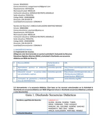 Celular: 3014291915
Correo electrónico: margaritaserna14@gmail.com
Departamento: ANTIOQUIA
Municipio/Ciudad: MEDELLIN
Institución educativa: GONZALO RESTREPO JARAMILLO
Sede educativa: PRINCIPAL
Código DANE: 105001000990
Dirección: CRA 26 # 49-70
Localidad/Comuna/sector: COMUNA 9
Nombre del Docente 5: AMELIA AUXILIADORA MARTINEZ MENDEZ
Celular: 3006010984
Correo electrónico: ameliam2@yahoo.es
Departamento: ANTIOQUIA
Municipio/Ciudad: MEDELLIN
Institución educativa: GONZALO RESTREPO JARAMILLO
Sede educativa: PRINCIPAL
Código DANE: 105001000990
Dirección: CRA 26 # 49-70
Localidad/Comuna/sector: COMUNA 9
2. DIAGNÓSTICO INICIAL:
2.1 Exploración de recursos.
(Diligencie este ítem teniendo en cuenta la actividad 5: Evaluando los Recursos
Educativos Digitales Abiertos (REDA) y Actividad 6: Diseñando una secuencia
didáctica con REDA del Nivel 1).
# Recurso (REDA) Portal donde lo
encontró
URL
1 Aprendamos química en ambiente
virtual video
Colombia aprende http://www.colombiaaprende.edu.co
/es/docentes
2 Educación sexual - La pereza video
con actividades a aplicar.
Colombia aprende http://www.colombiaaprende.edu.co
/htmlproductos/1685/w3-
propertyvalue-48963.html
3 Conceptos de geometría y medición
Area de MATEMATICAS
Eduteka www.Eduteka.org/MI/
2.2 Acercamiento a la secuencia didáctica. (Con base en los recursos seleccionados en la Actividad 6:
Diseñandouna secuenciadidáctica con REDA diligencie laGuía 1. Diseñando secuencias didácticas y anéxela
a este documento).
Guía 1. Diseñando Secuencias Didácticas
Nombresy apellidosdel docente: SUBGRUPO 6-C
GLORIA HELENA MUNERA TOBON
DIEGO FERNANDO TORO VASQUEZ
MARLENY DEL SOCORRO MORENO SANCHEZ
MARGARITA INES DIAZ SERNA
AMELIA AUXILIADORA MARTINEZ MENDEZ
InstituciónEducativa:
 