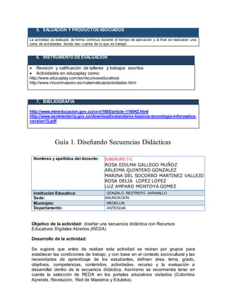 5. EALUACIÓN Y PRODUCTOS ASOCIADOS
La actividad se evaluará de forma continua durante el tiempo de aplicación y al final se realizaran una
serie de actividades donde dan cuenta de lo que se trabajó.
6. INSTRUMENTO DE EVALUACIÓN
 Revisión y calificación de talleres y trabajos escritos
 Actividades en educaplay como:
http://www.educaplay.com/es/recursoseducativos
http://www.rinconmaestro.es/matematicas/actividades.html
7. BIBLIOGRAFÍA
emanados por el MEN:
http://www.mineducacion.gov.co/cvn/1665/article-116042.html
http://www.semmonteria.gov.co/download/estandares-basicos-tecnologia-informatica-
version15.pdf
Guía 1. Diseñando Secuencias Didácticas
Nombres y apellidos del docente: SUBGRUPO 7-C
ROSA EDILMA GALLEGO MUÑOZ
ARLEIMA QUINTERO GONZALEZ
MARINA DEL SOCORRO MARTINEZ VALLEJO
ROSA DELIA LOPEZ LOPEZ
LUZ AMPARO MONTOYA GOMEZ
Institución Educativa: GONZALO RESTREPO JARAMILLO
Sede: ANUNCIACION
Municipio: MEDELLIN
Departamento: ANTIOQUIA
Objetivo de la actividad: diseñar una secuencia didáctica con Recursos
Educativos Digitales Abiertos (REDA).
Desarrollo de la actividad:
Se sugiere que antes de realizar esta actividad se reúnan por grupos para
establecer las condiciones de trabajo, y con base en el contexto sociocultural y las
necesidades de aprendizaje de los estudiantes, definan: área, tema, grado,
objetivos, competencias, contenidos, actividades, recurso y la evaluación a
desarrollar dentro de la secuencia didáctica. Asimismo se recomienda tener en
cuenta la selección de REDA en los portales educativos visitados (Colombia
Aprende, Revolución, Red de Maestros y Eduteka).
 