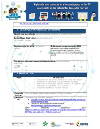 2. OBJETIVOS, COMPETENCIAS Y CONTENIDOS
Objetivo de aprendizaje: identificar diferentes secuencia de números utilizando números
romanos
Contenidos a desarrollar: secuencia de números
Los números romanos
Competencias del MEN: Pensamiento
numérico
Estándar de competencia del MEN:
Reconozcosignificadosdel númeroen
diferentescontextos(medición, conteo,
comparación,codificación,localizaciónentre
otros)
Qué se necesita para trabajar con los estudiantes: sala de sistemas
Video beat
Hojas
lapices
3. METODOLOGÍA:
FASES ACTIVIDADES
 Exploración de los número romanos: ver video de YouTube
 Explicación de los números romanos utilizado los redas
 Realización de actividades números romanos en plataforma java
 Realización de actividades en el cuaderno
 Explicación importancia números romanos
¡Pregunté
monos!
¿Por qué algunos relojes tienen números en forma de letras?
¡Explorem
os!
Observemos los siguientes recursos:
1. http://recursostic.educacion.es/descartes/web/materiales_didacticos/
romanos/normas.htm
2. Utilización recurso digital aula informática:
http://genmagic.org/mates3/nro1c.swf
Taller utilizando aplicaciones java:
http://www.primaria.librosvivos.net/archivosCMS/3/3/16/usuarios/103294/9/5
EP_Mate_cas_act_ud1_170/frame_prim.swf
ate_cas_act_ud1_170/frame_prim.swf
8. Actividad enel cuaderno
 