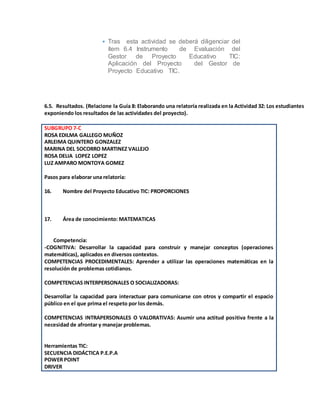 • Tras esta actividad se deberá diligenciar del
ítem 6.4 Instrumento de Evaluación del
Gestor de Proyecto Educativo TIC:
Aplicación del Proyecto del Gestor de
Proyecto Educativo TIC.
6.5. Resultados. (Relacione la Guía 8: Elaborando una relatoría realizada en la Actividad 32: Los estudiantes
exponiendo los resultados de las actividades del proyecto).
SUBGRUPO 7-C
ROSA EDILMA GALLEGO MUÑOZ
ARLEIMA QUINTERO GONZALEZ
MARINA DEL SOCORRO MARTINEZ VALLEJO
ROSA DELIA LOPEZ LOPEZ
LUZ AMPARO MONTOYA GOMEZ
Pasos para elaborar una relatoría:
16. Nombre del Proyecto Educativo TIC: PROPORCIONES
17. Área de conocimiento: MATEMATICAS
Competencia:
-COGNITIVA: Desarrollar la capacidad para construir y manejar conceptos (operaciones
matemáticas), aplicados en diversos contextos.
COMPETENCIAS PROCEDIMENTALES: Aprender a utilizar las operaciones matemáticas en la
resolución de problemas cotidianos.
COMPETENCIAS INTERPERSONALES O SOCIALIZADORAS:
Desarrollar la capacidad para interactuar para comunicarse con otros y compartir el espacio
público en el que prima el respeto por los demás.
COMPETENCIAS INTRAPERSONALES O VALORATIVAS: Asumir una actitud positiva frente a la
necesidad de afrontar y manejar problemas.
Herramientas TIC:
SECUENCIA DIDÁCTICA P.E.P.A
POWER POINT
DRIVER
 