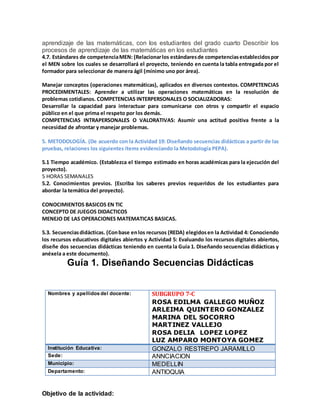 aprendizaje de las matemáticas, con los estudiantes del grado cuarto Describir los
procesos de aprendizaje de las matemáticas en los estudiantes
4.7. Estándares de competenciaMEN: (Relacionarlos estándaresde competenciasestablecidospor
el MEN sobre los cuales se desarrollará el proyecto, teniendo en cuenta la tabla entregada por el
formador para seleccionar de manera ágil (mínimo uno por área).
Manejar conceptos (operaciones matemáticas), aplicados en diversos contextos. COMPETENCIAS
PROCEDIMENTALES: Aprender a utilizar las operaciones matemáticas en la resolución de
problemas cotidianos. COMPETENCIAS INTERPERSONALES O SOCIALIZADORAS:
Desarrollar la capacidad para interactuar para comunicarse con otros y compartir el espacio
público en el que prima el respeto por los demás.
COMPETENCIAS INTRAPERSONALES O VALORATIVAS: Asumir una actitud positiva frente a la
necesidad de afrontar y manejar problemas.
5. METODOLOGÍA. (De acuerdo con la Actividad 19: Diseñando secuencias didácticas a partir de las
pruebas, relaciones los siguientes ítems evidenciando la Metodología PEPA).
5.1 Tiempo académico. (Establezca el tiempo estimado en horas académicas para la ejecución del
proyecto).
5 HORAS SEMANALES
5.2. Conocimientos previos. (Escriba los saberes previos requeridos de los estudiantes para
abordar la temática del proyecto).
CONOCIMIENTOS BASICOS EN TIC
CONCEPTO DE JUEGOS DIDACTICOS
MENEJO DE LAS OPERACIONES MATEMATICAS BASICAS.
5.3. Secuenciasdidácticas. (Conbase enlos recursos (REDA) elegidosen la Actividad 4: Conociendo
los recursos educativos digitales abiertos y Actividad 5: Evaluando los recursos digitales abiertos,
diseñe dos secuencias didácticas teniendo en cuenta la Guía 1. Diseñando secuencias didácticas y
anéxela a este documento).
Guía 1. Diseñando Secuencias Didácticas
Nombres y apellidos del docente: SUBGRUPO 7-C
ROSA EDILMA GALLEGO MUÑOZ
ARLEIMA QUINTERO GONZALEZ
MARINA DEL SOCORRO
MARTINEZ VALLEJO
ROSA DELIA LOPEZ LOPEZ
LUZ AMPARO MONTOYA GOMEZ
Institución Educativa: GONZALO RESTREPO JARAMILLO
Sede: ANNCIACION
Municipio: MEDELLIN
Departamento: ANTIOQUIA
Objetivo de la actividad:
 