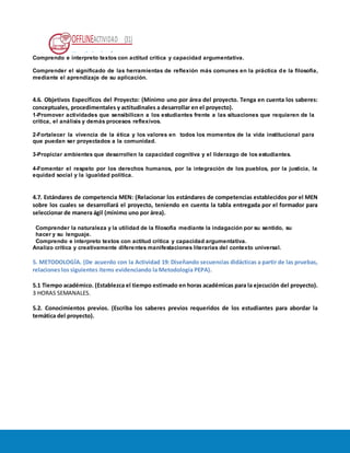 OFFLINEACTIVIDAD (31)
Usando la plataforma
Comprendo e interpreto textos con actitud crítica y capacidad argumentativa.
Comprender el signiﬁcado de las herramientas de reﬂexión más comunes en la práctica de la ﬁlosofía,
mediante el aprendizaje de su aplicación.
4.6. Objetivos Específicos del Proyecto: (Mínimo uno por área del proyecto. Tenga en cuenta los saberes:
conceptuales, procedimentales y actitudinales a desarrollar en el proyecto).
1-Promover actividades que sensibilicen a los estudiantes frente a las situaciones que requieren de la
crítica, el análisis y demás procesos reflexivos.
2-Fortalecer la vivencia de la ética y los valores en todos los momentos de la vida institucional para
que puedan ser proyectados a la comunidad.
3-Propiciar ambientes que desarrollen la capacidad cognitiva y el liderazgo de los estudiantes.
4-Fomentar el respeto por los derechos humanos, por la integración de los pueblos, por la justicia, la
equidad social y la igualdad política.
4.7. Estándares de competencia MEN: (Relacionar los estándares de competencias establecidos por el MEN
sobre los cuales se desarrollará el proyecto, teniendo en cuenta la tabla entregada por el formador para
seleccionar de manera ágil (mínimo uno por área).
Comprender la naturaleza y la utilidad de la ﬁlosofía mediante la indagación por su sentido, su
hacer y su lenguaje.
Comprendo e interpreto textos con actitud crítica y capacidad argumentativa.
Analizo crítica y creativamente diferentes manifestaciones literarias del contexto universal.
5. METODOLOGÍA. (De acuerdo con la Actividad 19: Diseñando secuencias didácticas a partir de las pruebas,
relaciones los siguientes ítems evidenciando la Metodología PEPA).
5.1 Tiempo académico. (Establezca el tiempo estimado en horas académicas para la ejecución del proyecto).
3 HORAS SEMANALES.
5.2. Conocimientos previos. (Escriba los saberes previos requeridos de los estudiantes para abordar la
temática del proyecto).
 