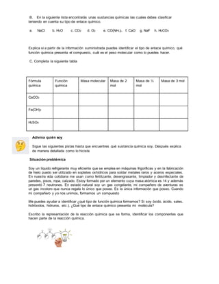 B. En la siguiente lista encontrarás unas sustancias químicas las cuales debes clasificar
teniendo en cuenta su tipo de enlace químico.
a. NaCl b. H2O c. CO2 d. O2 e. CO(NH₂)₂. f. CaO g. NaF h. H2CO3
Explica si a partir de la información suministrada puedes identificar el tipo de enlace químico, qué
función química presenta el compuesto, cuál es el peso molecular como lo puedes hacer.
C. Completa la siguiente tabla
Fórmula
química
Función
química
Masa molecular Masa de 2
mol
Masa de ½
mol
Masa de 3 mol
CaCO3
Fe(OH)3
H2SO4
Adivina quién soy
Sigue las siguientes pistas hasta que encuentres qué sustancia química soy. Después explica
de manera detallada como lo hiciste
Situación problémica
Soy un líquido refrigerante muy eficiente que se emplea en máquinas frigoríficas y en la fabricación
de hielo puedo ser utilizado en sopletes oxhídricos para soldar metales raros y aceros especiales.
En nuestra vida cotidiana me usan como fertilizante, desengrasante, limpiador y desinfectante de
paredes, pisos, ropa, calzado. Estoy formado por un elemento cuya masa atómica es 14 y además
presentó 7 neutrones. En estado natural soy un gas congelante, mi compañero de aventuras es
un gas incoloro que nunca regala lo único que posee. Es la única información que poseo. Cuando
mi compañero y yo nos unimos, formamos un compuesto
Me puedes ayudar a identificar ¿qué tipo de función química formamos? Si soy óxido, ácido, sales,
hidróxidos, hidruros, etc.), ¿Qué tipo de enlace químico presenta mi molécula?
Escribo la representación de la reacción química que se forma, identificar los componentes que
hacen parte de la reacción química.
 