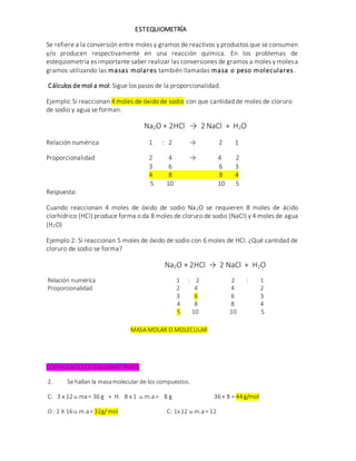 ESTEQUIOMETRÍA
Se refiere a la conversión entre moles y gramos de reactivos y productos que se consumen
y/o producen respectivamente en una reacción química. En los problemas de
estequiometría es importante saber realizar las conversiones de gramos a moles y molesa
gramos utilizando las masas molares también llamadas masa o peso moleculares.
Cálculos de mol a mol: Sigue los pasos de la proporcionalidad.
Ejemplo: Si reaccionan 4 moles de óxido de sodio con que cantidad de moles de cloruro
de sodio y agua se forman.
Na2O + 2HCl → 2 NaCl + H2O
Relación numérica 1 : 2 → 2 1
Proporcionalidad 2 4 → 4 2
3 6 6 3
4 8 8 4
5 10 10 5
Respuesta:
Cuando reaccionan 4 moles de óxido de sodio Na2O se requieren 8 moles de ácido
clorhídrico (HCl) produce forma o da 8 moles de cloruro de sodio (NaCl) y 4 moles de agua
(H2O)
Ejemplo 2: Si reaccionan 5 moles de óxido de sodio con 6 moles de HCl. ¿Qué cantidad de
cloruro de sodio se forma?
Na2O + 2HCl → 2 NaCl + H2O
Relación numérica 1 : 2 2 : 1
Proporcionalidad 2 4 4 2
3 6 6 3
4 8 8 4
5 10 10 5
MASA MOLAR O MOLECULAR
COEFICIENTESESTEQUIOMÉTRICOS
2. Se hallan la masamolecular de los compuestos.
C: 3 x 12 u.ma= 36 g + H: 8 x 1 u.m.a= 8 g 36 + 8 = 44 g/mol
O : 2 X 16 u.m.a= 32g/ mol C: 1x12 u.m.a= 12
 