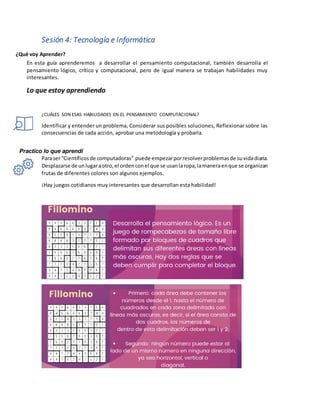 Sesión 4: Tecnología e Informática
¿Qué voy Aprender?
En esta guía aprenderemos a desarrollar el pensamiento computacional, también desarrolla el
pensamiento lógico, crítico y computacional, pero de igual manera se trabajan habilidades muy
interesantes.
Lo que estoy aprendiendo
¿CUÁLES SON ESAS HABILIDADES EN EL PENSAMIENTO COMPUTACIONAL?
Identificar y entender un problema, Considerar sus posibles soluciones, Reflexionar sobre las
consecuencias de cada acción, aprobar una metodología y probarla.
Practico lo que aprendí
Paraser“Científicosde computadoras” puede empezarporresolverproblemasde suvidadiaria.
Desplazarse de unlugaraotro,el ordenconel que se usanlaropa,lamaneraenque se organizan
frutas de diferentes colores son algunos ejemplos.
¡Hay juegos cotidianos muy interesantes que desarrollan esta habilidad!
 