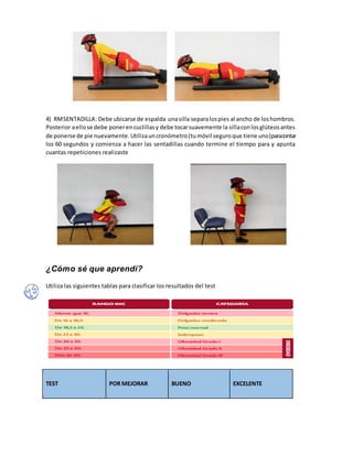 4) RMSENTADILLA: Debe ubicarse de espalda unasilla separalospies al ancho de loshombros.
Posterior aellose debe ponerencuclillasy debe tocarsuavemente la sillaconlosglúteosantes
de ponerse de pie nuevamente.Utilizauncronómetro(tumóvil seguroque tiene uno)paracontar
los 60 segundos y comienza a hacer las sentadillas cuando termine el tiempo para y apunta
cuantas repeticiones realizaste
¿Cómo sé que aprendí?
Utiliza las siguientes tablas para clasificar los resultados del test
TEST POR MEJORAR BUENO EXCELENTE
 