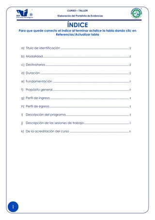 CURSO – TALLER

                                                Elaboración del Portafolio de Evidencias



                                                            ÍNDICE
    Para que quede correcto el índice al terminar actalice la tabla dando clic en
                          Referencias/Actualizar tabla



     a) Título de identificación ........................................................................................... 2

     b) Modalidad................................................................................................................... 2

     c) Destinatarios ............................................................................................................... 2

     d) Duración....................................................................................................................... 2

     e) Fundamentación ...................................................................................................... 3

     f) Propósito general ...................................................................................................... 3

     g) Perfil de ingreso ......................................................................................................... 4

     h) Perfil de egreso .......................................................................................................... 4

     i) Descripción del programa .................................................................................... 4

     j) Descripción de las sesiones de trabajo ............................................................ 5

     k) De la acreditación del curso ............................................................................... 6




1
 