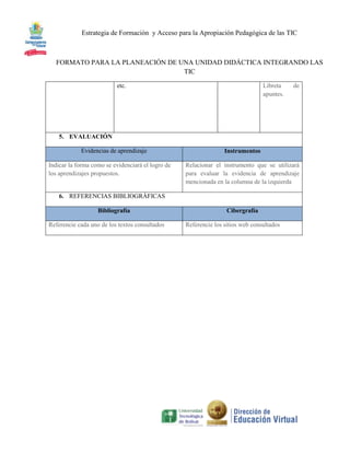 Estrategia de Formación y Acceso para la Apropiación Pedagógica de las TIC



  FORMATO PARA LA PLANEACIÓN DE UNA UNIDAD DIDÁCTICA INTEGRANDO LAS
                                 TIC

                          etc.                                                   Libreta    de
                                                                                 apuntes.




    5. EVALUACIÓN

            Evidencias de aprendizaje                             Instrumentos

Indicar la forma como se evidenciará el logro de   Relacionar el instrumento que se utilizará
los aprendizajes propuestos.                       para evaluar la evidencia de aprendizaje
                                                   mencionada en la columna de la izquierda

    6. REFERENCIAS BIBLIOGRÁFICAS

                   Bibliografía                                    Cibergrafía

Referencie cada uno de los textos consultados      Referencie los sitios web consultados
 