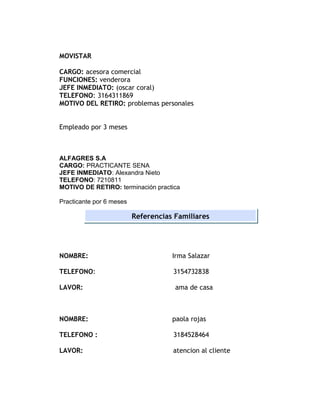 MOVISTAR
CARGO: acesora comercial
FUNCIONES: venderora
JEFE INMEDIATO: (oscar coral)
TELEFONO: 3164311869
MOTIVO DEL RETIRO: problemas personales
Empleado por 3 meses
ALFAGRES S.A
CARGO: PRACTICANTE SENA
JEFE INMEDIATO: Alexandra Nieto
TELEFONO: 7210811
MOTIVO DE RETIRO: terminación practica
Practicante por 6 meses
NOMBRE: Irma Salazar
TELEFONO: 3154732838
LAVOR: ama de casa
NOMBRE: paola rojas
TELEFONO : 3184528464
LAVOR: atencion al cliente
Referencias Familiares
 