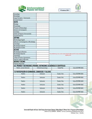 Universidad Popular del Cesar, Sede Campus Universitario Sabanas. Edificio Bloque G. Oficina: Piso 4. Programa de Microbiología
Teléfono (57) (5) 5848938 – 5850465 / correo-e: practicasmicrobiologia@unicesar.edu.co
Valledupar, Cesar – Colombia
HV Académica 2014-2
Inmunología
Hematología
Lengua Extranjera – Conversación
Actividad Cultural
SEXTO
Micología
Parasitología
Principios de Biotecnología
Seminario de Investigación
Toxicología
Cátedra de Negocios Internacionales
Actividad Deportiva
SÉPTIMO
Morfofisiología Vegetal
Aplicación a la Investigación en Microbiología
Entomología
Microbiología Ambiental
Microbiología de Suelos
OCTAVO
(Los estudiantes que van a cursar noveno semestre deben escribir la nota promedio del primer y
segundo corte)
Microbiología de Alimentos
Microbiología Industrial
Fitopatología
Trabajo de Grado en Agroindustria
Aspectos Legales de Mercadeo
NOVENO Y DECIMO
Prácticas Industriales
6.0. PREMIOS Y DISTINCIONES (PREMIOS, DISTINCIONES ACADÉMICAS O CIENTÍFICAS)
Nombre premio/distinción Institución que otorga Ciudad País Fecha (DD/MM/AAAA)
7.0 PARTICIPACIÓN EN SEMINARIOS, CONGRESOS Y TALLERES
Nombre Institución Ciudad y País Fecha (DD/MM/AAAA)
Nombre Institución Ciudad y País Fecha (DD/MM/AAAA)
Nombre Institución Ciudad y País Fecha (DD/MM/AAAA)
Nombre Institución Ciudad y País Fecha (DD/MM/AAAA)
Nombre Institución Ciudad y País Fecha (DD/MM/AAAA)
Nombre Institución Ciudad y País Fecha (DD/MM/AAAA)
 