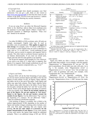 > REPLACE THIS LINE WITH YOUR PAPER IDENTIFICATION NUMBER (DOUBLE-CLICK HERE TO EDIT) <                                                          3

  E.Copyright Form                                                                                    TABLE I
                                                                                            UNITS FOR MAGNETIC PROPERTIES
   An IEEE copyright form should accompany your final                                                         Conversion from Gaussian and
submission. You can get a .pdf, .html, or .doc version at            Symbol             Quantity
                                                                                                                    CGS EMU to SI a
http://www.ieee.org/copyright or from the first issues in each       Φ          magnetic flux             1 Mx → 10−8 Wb = 10−8 V·s
volume of the IEEE TRANSACTIONS and JOURNALS. Authors                B          magnetic flux density,    1 G → 10−4 T = 10−4 Wb/m2
                                                                                 magnetic induction
are responsible for obtaining any security clearances.               H          magnetic field strength 1 Oe → 103/(4π) A/m
                                                                     m          magnetic moment           1 erg/G = 1 emu
                                                                                                           → 10−3 A·m2 = 10−3 J/T
                           III.MATH                                  M          magnetization             1 erg/(G·cm3) = 1 emu/cm3
                                                                                                           → 103 A/m
   If you are using Word, use either the Microsoft Equation          4πM        magnetization             1 G → 103/(4π) A/m
Editor or the MathType add-on (http://www.mathtype.com)              σ          specific magnetization    1 erg/(G·g) = 1 emu/g → 1 A·m2/kg
for equations in your paper (Insert | Object | Create New |          j          magnetic dipole           1 erg/G = 1 emu
                                                                                 moment                    → 4π × 10−10 Wb·m
Microsoft Equation or MathType Equation). “Float over                J          magnetic polarization     1 erg/(G·cm3) = 1 emu/cm3
text” should not be selected.                                                                              → 4π × 10−4 T
                                                                     χ, κ       susceptibility            1 → 4π
                                                                     χρ         mass susceptibility       1 cm3/g → 4π × 10−3 m3/kg
                                                                     µ          permeability              1 → 4π × 10−7 H/m
                           IV.UNITS                                                                        = 4π × 10−7 Wb/(A·m)
   Use either SI (MKS) or CGS as primary units. (SI units are        µr         relative permeability     µ → µr
strongly encouraged.) English units may be used as                   w, W       energy density            1 erg/cm3 → 10−1 J/m3
                                                                     N, D       demagnetizing factor      1 → 1/(4π)
secondary units (in parentheses). This applies to papers in
data storage. For example, write “15 Gb/cm 2 (100 Gb/in2).”            No vertical lines in table. Statements that serve as captions for the entire
                                                                   table do not need footnote letters.
An exception is when English units are used as identifiers in          a
                                                                        Gaussian units are the same as cgs emu for magnetostatics; Mx =
trade, such as “3½ in disk drive.” Avoid combining SI and          maxwell, G = gauss, Oe = oersted; Wb = weber, V = volt, s = second, T =
CGS units, such as current in amperes and magnetic field in        tesla, m = meter, A = ampere, J = joule, kg = kilogram, H = henry.
oersteds. This often leads to confusion because equations do
not balance dimensionally. If you must use mixed units,
clearly state the units for each quantity in an equation.
   The SI unit for magnetic field strength H is A/m. However,      color reprints.
if you wish to use units of T, either refer to magnetic flux         Figure axis labels are often a source of confusion. Use
density B or magnetic field strength symbolized as µ0H. Use        words rather than symbols. As an example, write the quantity
the center dot to separate compound units, e.g., “A·m 2.”          “Magnetization,” or “Magnetization M,” not just “M.” Put
                                                                   units in parentheses. Do not label axes only with units. As in
                                                                   Fig. 1, for example, write “Magnetization (A/m)” or
                       V.HELPFUL HINTS                             “Magnetization (A ⋅ m−1),” not just “A/m.” Do not label axes
                                                                   with a ratio of quantities and units. For example, write
  A.Figures and Tables                                             “Temperature (K),” not “Temperature/K.”
   Because IEEE will do the final formatting of your paper,          Multipliers can be especially confusing. Write
you do not need to position figures and tables at the top and      “Magnetization (kA/m)” or “Magnetization (103 A/m).” Do
bottom of each column. In fact, all figures, figure captions,      not write “Magnetization (A/m) × 1000” because the reader
and tables can be at the end of the paper. Large figures and
tables may span both columns. Place figure captions below
the figures; place table titles above the tables. If your figure
has two parts, include the labels “(a)” and “(b)” as part of the
artwork. Please verify that the figures and tables you mention
in the text actually exist. Please do not include captions as
part of the figures. Do not put captions in “text boxes”
linked to the figures. Do not put borders around the
outside of your figures. Use the abbreviation “Fig.” even at
the beginning of a sentence. Do not abbreviate “Table.”
Tables are numbered with Roman numerals.
   Color printing of figures is available, but is billed to the
authors (approximately $1300, depending on the number of
figures and number of pages containing color). Include a note
with your final paper indicating that you request color
printing. Do not use color unless it is necessary for the
proper interpretation of your figures. If you want reprints        Fig. 1. Magnetization as a function of applied field. Note that “Fig.” is
of your color article, the reprint order should be submitted       abbreviated. There is a period after the figure number, followed by two
                                                                   spaces. It is good practice to explain the significance of the figure in the
promptly. There is an additional charge of $81 per 100 for         caption.
 