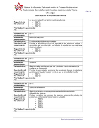 Sistema de información Web para la gestión de Procesos Administrativos y
            Académicos del Centro de Formación Socialista Metalminero de La Victoria,
                                                                                                        Pág. 14
                                             Edo. Aragua
                            Especificación de requisitos de software

                     en la administración de la información académica.
Requerimiento            • RNF01
NO funcional:            • RNF02
                         • RNF05
Prioridad del requerimiento:
Alta

Identificación del   RF13
requerimiento:
Nombre del           Gestionar Reportes.
Requerimiento:
Características:     El sistema permitirá generar reportes.
Descripción del      Permite al administrador imprimir reportes de los eventos a realizar o
requerimiento:       concluidos, así como también, ver listados de estudiantes por materias y
                     docentes activos
Requerimiento             • RNF01
NO funcional:             • RNF02
Prioridad del requerimiento:
Alta

Identificación del   RF14
requerimiento:
Nombre del           Acreditar.
Requerimiento:
Características:     Garantiza a los estudiantes que han culminado los cursos realizados
                     mediante un documento.
Descripción del      Permite al administrador y docente dar constancia de que el estudiante
requerimiento:       participo y concluyó el curso o evento el que se encontraba inscrito.
Requerimiento            • RNF01
NO funcional:            • RNF02
Prioridad del requerimiento:
Alta

Identificación del   RF15
requerimiento:
Nombre del           Auditoría del sistema
Requerimiento:
Características:     Garantizar las soluciones de problemas existentes mediante la
                     utilización del sistema.
Descripción del      Evaluar y analizar los procesos del sistema, proponiendo solución de
requerimiento:       problemas existentes dentro del sistema utilizado.
Requerimiento                 • RNF03
NO funcional:                 • RNF04
                              • RNF06
                              • RNF07
                              • RNF08
Prioridad del requerimiento:
Alta




                                                                Descripción de requisitos del sofware
 