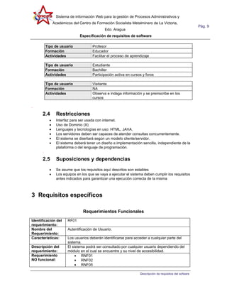 Sistema de información Web para la gestión de Procesos Administrativos y
                Académicos del Centro de Formación Socialista Metalminero de La Victoria,
                                                                                                             Pág. 9
                                               Edo. Aragua
                                Especificación de requisitos de software

          Tipo de usuario               Profesor
          Formación                     Educador
          Actividades                   Facilitar el proceso de aprendizaje

          Tipo de usuario               Estudiante
          Formación                     Bachiller
          Actividades                   Participación activa en cursos y foros

          Tipo de usuario               Visitante
          Formación                     NA
          Actividades                   Observa e indaga información y se preinscribe en los
                                        cursos

.

      2.4         Restricciones
            •     Interfaz para ser usada con internet.
            •     Uso de Dominio (X)
            •     Lenguajes y tecnologías en uso: HTML, JAVA.
            •     Los servidores deben ser capaces de atender consultas concurrentemente.
            •     El sistema se diseñará según un modelo cliente/servidor.
            •     El sistema deberá tener un diseño e implementación sencilla, independiente de la
                  plataforma o del lenguaje de programación.
      .

      2.5         Suposiciones y dependencias
            •     Se asume que los requisitos aquí descritos son estables
            •     Los equipos en los que se vaya a ejecutar el sistema deben cumplir los requisitos
                  antes indicados para garantizar una ejecución correcta de la misma



3 Requisitos específicos

                                  Requerimientos Funcionales
Identificación del       RF01
requerimiento:
Nombre del               Autentificación de Usuario.
Requerimiento:
Características:         Los usuarios deberán identificarse para acceder a cualquier parte del
                         sistema.
Descripción del          El sistema podrá ser consultado por cualquier usuario dependiendo del
requerimiento:           módulo en el cual se encuentre y su nivel de accesibilidad.
Requerimiento                 • RNF01
NO funcional:                 • RNF02
                              • RNF05

                                                                     Descripción de requisitos del sofware
 