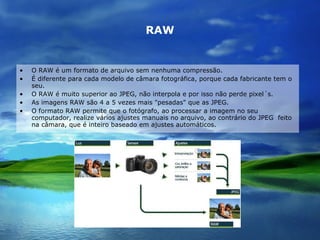 RAW O RAW é um formato de arquivo sem nenhuma compressão. É diferente para cada modelo de câmara fotográfica, porque cada fabricante tem o seu. O RAW é muito superior ao JPEG, não interpola e por isso não perde pixel´s. As imagens RAW são 4 a 5 vezes mais "pesadas" que as JPEG. O formato RAW permite que o fotógrafo, ao processar a imagem no seu computador, realize vários ajustes manuais no arquivo, ao contrário do JPEG  feito na câmara, que é inteiro baseado em ajustes automáticos. 