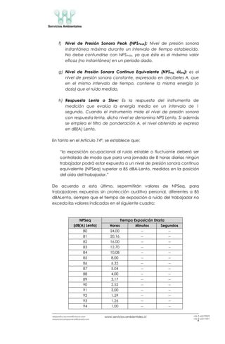 www.servicios-ambientales.cl
4
alejandro.reyman@icloud.com
mauriciocamposvera@icloud.com
+56 9 63579959
+56 9 63517691
f) Nivel de Presión Sonora Peak (NPSPeak): Nivel de presión sonora
instantánea máxima durante un intervalo de tiempo establecido.
No debe confundirse con NPSmáx, ya que éste es el máximo valor
eficaz (no instantáneo) en un periodo dado.
g) Nivel de Presión Sonora Continuo Equivalente (NPSeq, óLeq): es el
nivel de presión sonora constante, expresado en decibeles A, que
en el mismo intervalo de tiempo, contiene la misma energía (o
dosis) que el ruido medido.
h) Respuesta Lenta o Slow: Es la respuesta del instrumento de
medición que evalúa la energía media en un intervalo de 1
segundo. Cuando el instrumento mide el nivel de presión sonora
con respuesta lenta, dicho nivel se denomina NPS Lento. Si además
se emplea el filtro de ponderación A, el nivel obtenido se expresa
en dB(A) Lento.
En tanto en el Artículo 74°, se establece que:
“la exposición ocupacional al ruido estable o fluctuante deberá ser
controlada de modo que para una jornada de 8 horas diarias ningún
trabajador podrá estar expuesto a un nivel de presión sonora continuo
equivalente (NPSeq) superior a 85 dBA-Lento, medidos en la posición
del oído del trabajador.”
De acuerdo a esto último, sepermitirán valores de NPSeq, para
trabajadores expuestos sin protección auditiva personal, diferentes a 85
dBALento, siempre que el tiempo de exposición a ruido del trabajador no
exceda los valores indicados en el siguiente cuadro:
NPSeq
[dB(A) Lento]
Tiempo Exposición Diaria
Horas Minutos Segundos
80 24,00 -- --
81 20,16 -- --
82 16,00 -- --
83 12,70 -- --
84 10,08 -- --
85 8,00 -- --
86 6,35 -- --
87 5,04 -- --
88 4,00 -- --
89 3,17 -- --
90 2,52 -- --
91 2,00 -- --
92 1,59 -- --
93 1,26 -- --
94 1,00 -- --
 