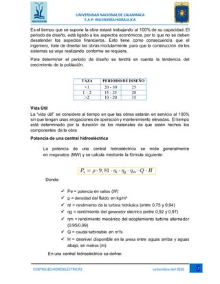 UNIVERSIDAD NACIONALDE CAJAMRACA
E.A.P: INGENIERÍAHIDRÁULICA
7CENTRALESHIDROELÉCTRICAS setiembre del 2016
Es el tiempo que se supone la obra estará trabajando al 100% de su capacidad. El
periodo de diseño, está ligado a los aspectos económicos, por lo que no se deben
desatender los aspectos financieros. Esto tiene como consecuencia que el
ingeniero, trate de diseñar las obras modularmente para que la construcción de los
sistemas se vaya realizando conforme se requiera.
Para determinar el período de diseño se tendrá en cuenta la tendencia del
crecimiento de la población.
TAZA PERIODO DE DISEÑO
<1 20 - 30 25
1 – 2 15 - 25 20
>2 10 - 20 15
20
Vida Útil
La “vida útil” se considera al tiempo en que las obras estarán en servicio al 100%
sin que tengan unas erogaciones de operación y mantenimiento elevadas. El tiempo
está determinado por la duración de los materiales de que estén hechos los
componentes de la obra
Potencia de una central hidroeléctrica
La potencia de una central hidroeléctrica se mide generalmente
en megavatios (MW) y se calcula mediante la fórmula siguiente:
Donde:
 Pe = potencia en vatios (W)
 ρ = densidad del fluido en kg/m³
 ηt = rendimiento de la turbina hidráulica (entre 0,75 y 0,94)
 ηg = rendimiento del generador eléctrico (entre 0,92 y 0,97)
 ηm = rendimiento mecánico del acoplamiento turbina alternador
(0,95/0.99)
 Q = caudal turbinable en m³/s
 H = desnivel disponible en la presa entre aguas arriba y aguas
abajo, en metros (m)
En una central hidroeléctrica se define:
 