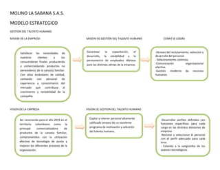 MOLINO LA SABANA S.A.S.
MODELO ESTRATEGICO
GESTION DEL TALENTO HUMANO

MISION DE LA EMPRESA                          MISION DE GESTION DEL TALENTO HUMANO             COMO SE LOGRA



       Satisfacer las necesidades de          Garantizar      la    capacitación,   el   -Atravez del reclutamiento, selección y
       nuestros     clientes    y      los    desarrollo, la estabilidad y la            desarrollo del personal.
                                              permanencia de empleados idóneos           - Adiestramiento continúo.
       consumidores finales produciendo
                                              para las distintas aéreas de la empresa.   -Comunicación            organizacional
       y comercializando productos no                                                    efectiva.
       perecederos de la canasta familiar.                                               -Gestión moderna de recursos
       Con altos estándares de calidad,                                                  humanos.
       contando    con     personal     de
       experiencia y conocimiento del
       mercado que contribuya al
       crecimiento y rentabilidad de la
       compañía.



VISION DE LA EMPRESA                          VISION DE GESTION DEL TALENTO HUMANO

                                                Captar y retener personal altamente
      Ser reconocida para el año 2015 en el                                                  -Desarrollar perfiles definidos con
      territorio colombiano como la             calificado atravez de un excelente           funciones específicas para cada
                                                programa de motivación y selección           cargo en las distintas divisiones de
      principal     comercializadora    de
                                                del talento humano.                          empresa.
      productos de la canasta familiar,
                                                                                             -Reclutar y seleccionar el personal
      comprometidos con la utilización                                                       con el perfil adecuado para cada
      efectiva de tecnología de punta y                                                      área.
      mejorar los diferentes procesos de la                                                  - Estando a la vanguardia de los
      organización.                                                                          avances tecnológicos.
 