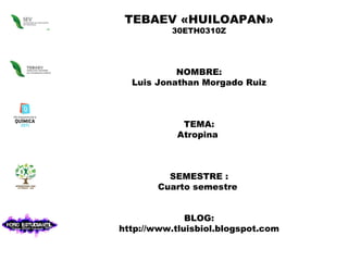 TEBAEV «HUILOAPAN» 30ETH0310Z NOMBRE: Luis Jonathan Morgado Ruiz TEMA: Atropina  SEMESTRE : Cuarto semestre  BLOG: http://www.tluisbiol.blogspot.com 