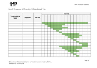 Título provisional de la tesis
Pág. 12
Colocar los apellidos e inicial del primer nombre de los autores en orden alfabético,
separados por punto y coma
Anexo 3. Cronograma del Desarrollo y Culminación de la Tesis
AVANCE DE LA
TESIS
ACCIONES ESTADO
FECHAS
 