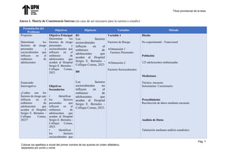 Título provisional de la tesis
Pág. 7
Colocar los apellidos e inicial del primer nombre de los autores en orden alfabético,
separados por punto y coma
Anexo 1. Matriz de Consistencia Interna (en caso de ser necesario para la carrera o estudio)
Formulación del
Problema
Objetivos Hipótesis Variables Método
Propósito
Determinar los
factores de riesgo
personales y
socioculturales que
influyen en el
embarazo de
adolescentes
Enunciado
Interrogativo
¿Cuáles son los
factores de riesgo que
influyen en el
embarazo de
adolescentes que
acuden al Hospital
Sergio E. Bernales -
Collique Comas,
2023?
Objetivo Principal
Determinar los
factores de riesgo
personales y
socioculturales que
influyen en el
embarazo de
adolescentes que
acuden al Hospital
Sergio E. Bernales -
Collique Comas,
2023
Objetivos
Secundarios
• Identificar
los factores
personales que
influyen en el
embarazo de
adolescentes que
acuden al Hospital
Sergio E. Bernales -
Collique Comas,
2023.
• Identificar
los factores
socioculturales que
H1
Los factores
socioculturales
influyen en el
embarazo de
adolescentes que
acuden al Hospital
Sergio E. Bernales -
Collique Comas, 2023
H0
Los factores
socioculturales no
influyen en el
embarazo de
adolescentes que
acuden al Hospital
Sergio E. Bernales -
Collique Comas, 2023.
Variable 1
Factores de Riesgo
 Dimensión 1
Factores Personales
 Dimensión 2
Factores Socioculturales
Diseño
No experimental - Transversal
Población
123 adolescentes embarazadas
Mediciones
Técnica: encuesta
Instrumento: Cuestionario
Procedimiento
Recolección de datos mediante encuesta
Análisis de Datos
Tabulación mediante análisis estadístico
 