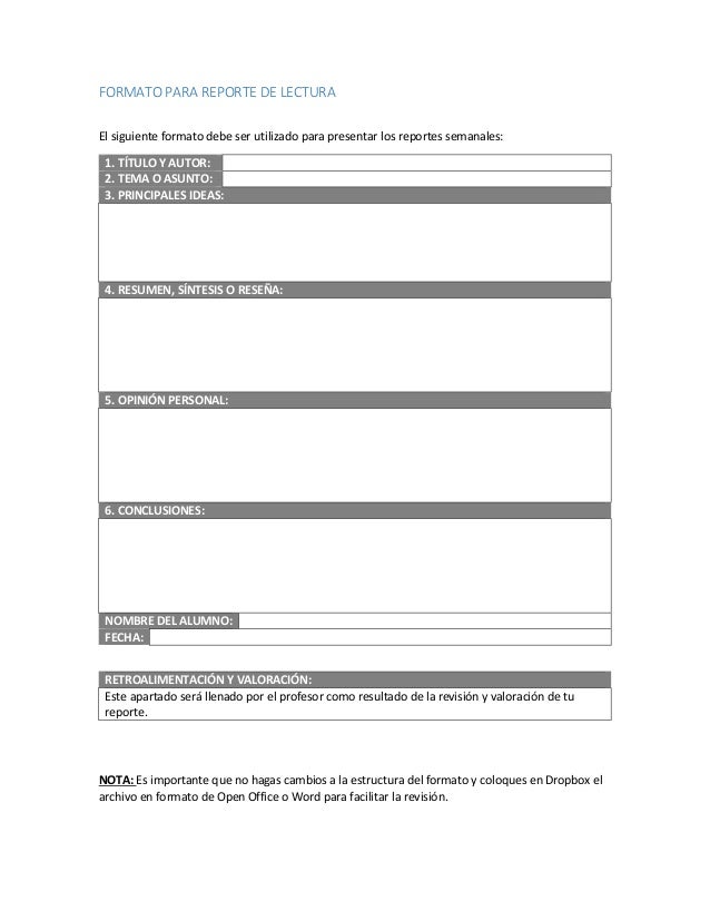 formato para el reporte de lectura