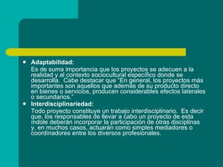 Adaptabilidad: Es de suma importancia que los proyectos se adecuen a la realidad y al contexto sociocultural específico donde se desarrolla.  Cabe destacar que “En general, los proyectos más importantes son aquellos que además de su producto directo en bienes o servicios, producen considerables efectos laterales o secundarios.” Interdisciplinariedad: Todo proyecto constituye un trabajo interdisciplinario.  Es decir que, los responsables de llevar a cabo un proyecto de esta índole deberán incorporar la participación de otras disciplinas y, en muchos casos, actuarán como simples mediadores o coordinadores entre los diversos profesionales. 