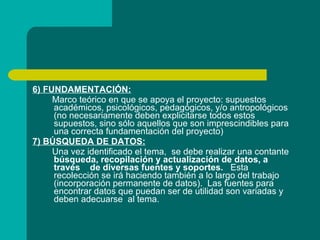 6) FUNDAMENTACIÓN: Marco teórico en que se apoya el proyecto: supuestos académicos, psicológicos, pedagógicos, y/o antropológicos (no necesariamente deben explicitarse todos estos supuestos, sino sólo aquellos que son imprescindibles para una correcta fundamentación del proyecto) 7) BÚSQUEDA DE DATOS: Una vez identificado el tema,  se debe realizar una contante  búsqueda, recopilación y actualización de datos, a través  de diversas fuentes y soportes.  Esta recolección se irá haciendo también a lo largo del trabajo (incorporación permanente de datos).  Las fuentes para encontrar datos que puedan ser de utilidad son variadas y deben adecuarse  al tema.  