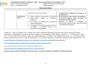 Plan de acción tutorial
8
Universidad Nacional Abierta y a Distancia – UNAD - Vicerrectoría Académica y de Investigación - VIACI
Escuela: Ciencias de la Educación Programa: Formación de Formadores
Curso: e-mediador en AVA Código: 601258A-353
Utilización de recursos de la web 2.0  El trabajo final será colaborativo con el aporte de tos
los participantes
Acompañamiento
indirecto
 Podrá visualizar videos alusivos a los temas
 Podrá realizar lecturas de tutoriales
propuestos
 Se le facilitar de información y revisión de
fuentes bibliográficas.
 Se presentaran lecturas de casos de éxito que
le brinden a l estudiante ayuda en el
desarrollo de sus productos
 Se les propondrá temas alusivos a la socialización
 Se plantearon blogs de temas que ayudan a la
planificación del trabajo colorativo
 Ejecución de software y simuladores de
construcción conjunta de ideas, para dar solución
a la problemática propuesta.
Abadía, G.C., Vela, G.P., Montero, V.R. y Jiménez, S.R. (2014). Lineamientos generales del currículo en la UNAD: Aspectos del trabajo
colaborativo y acompañamiento docente. Vicerrectoría académica y de investigación VIACI. Bogotá, Colombia: P: 3 – 18. Méndez, B.A., Rivas,
D.A. y Del Toro, B.M. (2007). Entornos virtuales de enseñanza aprendizaje. La Habana, Cuba: Editorial Universitaria. P: 2 – 63. Silva, Q.J. (2011).
Diseño y moderación de entornos virtuales de aprendizaje – EVA. Colección educación y sociedad RED. Santiago de Chile: Editorial UOC. P: 28
http://es.slideshare.net/NataliaBravoAsensio/curso-habilidades-comunicativas-para-profeisonales-y-empresa
http://es.slideshare.net/educadorescodima/manual-para-docentes-lenguaje-corporal
http://campus07.unad.edu.co/ff/mod/lesson/view.php?id=533&pageid=399
http://riem.facmed.unam.mx/sites/all/archivos/V2Num01/10_PEM_GATICA.PDF
http://www.academia.edu/9491147/RUBRICA_PARA_EVALUAR_EL_PLAN_DE_ACOMPA%C3%91AMIENTO_PEDAG%C3%93GICO
 