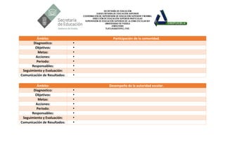 Ámbito: Participación de la comunidad.
Diagnostico: 
Objetivos: 
Metas: 
Acciones: 
Periodo: 
Responsables: 
Seguimiento y Evaluación: 
Comunicación de Resultados: 
Ámbito: Desempeño de la autoridad escolar.
Diagnostico: 
Objetivos: 
Metas: 
Acciones: 
Periodo: 
Responsables: 
Seguimiento y Evaluación: 
Comunicación de Resultados: 
 