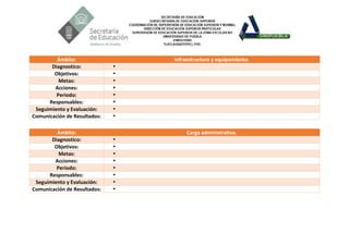 Ámbito: Infraestructura y equipamiento.
Diagnostico: 
Objetivos: 
Metas: 
Acciones: 
Periodo: 
Responsables: 
Seguimiento y Evaluación: 
Comunicación de Resultados: 
Ámbito: Carga administrativa.
Diagnostico: 
Objetivos: 
Metas: 
Acciones: 
Periodo: 
Responsables: 
Seguimiento y Evaluación: 
Comunicación de Resultados: 
 