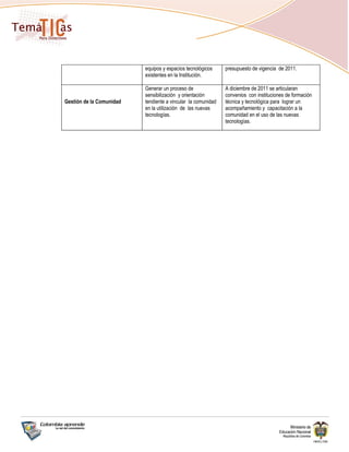equipos y espacios tecnológicos     presupuesto de vigencia de 2011.
                          existentes en la Institución.

                          Generar un proceso de               A diciembre de 2011 se articularan
                          sensibilización y orientación       convenios con instituciones de formación
Gestión de la Comunidad   tendiente a vincular la comunidad   técnica y tecnológica para lograr un
                          en la utilización de las nuevas     acompañamiento y capacitación a la
                          tecnologías.                        comunidad en el uso de las nuevas
                                                              tecnologías.
 