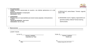  Procedimentales:
Analiza funciones exponenciales de acuerdo a las distintas aplicaciones en la vida
cotidiana.
Técnica de evaluación: de desempeño
Instrumento: rubrica.
 Actitudinales:
Propone ideas con responsabilidad para resolver tareas asignadas, individualmente o
grupales
Técnica de evaluación: observación
Instrumento: lista de cotejo.
PRECALCULO; James Stewar; Thomson; segunda
edición 1998
SWOKOWSKI, Earl W.; Álgebra y trigonometría con
geometría analítica, Editorial Thomson learning,
Décima Edición.
⮚ Observaciones: ________________________________________________________________________________________ ________________
_______________________________________________________________________________________________________________________
LUGAR Y FECHA
Vo. Bo. (f)____________________________________ Vo.Bo. (f)___________________________
Nombre y apellidos Nombre y apellidos
Catedrático (a) Titular Director (a)
(f) _________________________________ (f)___________________________
MSc. Nolberto Equite Pec 20112222
 
