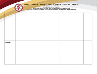 INSTITUCIÓN EDUCATIVA SAN FRANCISCO DE ASIS DE FE Y ALEGRIA
REPUBLICA DE COLOMBIA
DEPARTAMENTO DE CORDOBA
MUNICIPIO DE CIENAGA DE ORO – CORREGIMIENTO BERÁSTEGUI
Aprobada por Resolución 00379 de Junio 27 de 2012 DANE 223189000323 NIT 812006427-4
CIERRE:
 