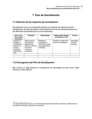 Nombre de la Institución Educativa
Plan de Gestión para el Uso Educativo de las TIC

7. Plan de Socialización
7.1 Relación de los espacios de socialización
[Se describe como se considerado generar y/o propiciar los espacios para la
socialización del plan de gestión y la participación de la comunidad educativa en
las diferentes actividades que en el se relacionan]
Actor de la
Comunidad
Educativa
[A quien va
dirigida la
socialización:
Padres de
Familia,
Docentes,
Estudiantes,
etc]

Propósito
[Qué busca la
socialización:
Diagnosticar,
Planear, Informar,
Presentar
avances o
resultados]

Metodología
[Plantea la
estratégica a
utilizar para lograr
el propósito de la
actividad]

Responsable Equipo
de Gestión en TIC2
[Nombre y cargo de la
persona encargada]

Fechas
[Se asigna
la fecha
prevista]

7.2 Cronograma del Plan de Socialización
[Se incluye en este espacio el cronograma de actividades ya sea como Carta
Gantt y/o Carta PERT)]

2

El responsable debe generar un informe describiendo brevemente lo realizado, presentando los
principales resultados y adjuntando evidencias.

16

 