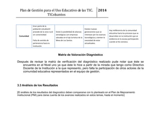 Plan de Gestión para el Uso Educativo de las TIC.
TIColsantos

Comunidad

Gran parte de la
población estudiantil
procede de la zona rural
sin conectividad.
Falta de sentido de
pertenencia hacia la
Institución

Existe la posibilidad de alianzas
estratégicas con empresas
ubicadas en el eje turístico de la
Mesa de Los Santos.

2014

Existen nuevas
generaciones que se
interesan por los avances
tecnológicos y sienten la
necesidad de estar
actualizados.

Hay indiferencia de la comunidad
educativa hacia los procesos que se
desarrollan en la institución que se
evidencia en la escasa participación
cuando se les convoca.

Matriz de Valoración Diagnóstico
Después de revisar la matriz de verificación del diagnóstico realizado pude notar que éste se
encuentra en el Nivel uno ya que éste lo hice a partir de la mirada que tengo como Directivo
Docente de la Institución a la que represento, pero falta la participación de otros actores de la
comunidad educativa representados en el equipo de gestión.

3.3 Análisis de los Resultados
[El análisis de los resultados del diagnostico deben compararse con lo planteado en el Plan de Mejoramiento
Institucional (PMI) para darse cuenta de los avances realizados en estos temas, hasta el momento]

 