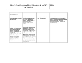 Plan de Gestión para el Uso Educativo de las TIC.
TIColsantos

2014

Administrativa

Sistematizar el proceso
de matrícula

Buscar una alternativa
para reemplazar los
medios físicos por
medios digitales en el
registro de
calificaciones por parte
de los docentes..
Brindar apoyo a la
gestión académica
utilizando medios
virtuales

Al inicio del año lectivo
2015 los padres de
familia podrán hacer la
renovación de la
matrícula de manera
virtual.

Al finalizar cada período
académico todos los
docentes realizarán el
registro de calificaciones
utilizando una hoja de
cálculo.
Al finalizar cada período
la secretaría del colegio
enviará al correo de cada
docente una hoja de
cálculo para sistematizar
las calificaciones de los
estudiantes.

P.G. TIColsantos

Colombia utilizará activamente
las TIC como herramienta para la
reducción de las brechas
económica, social, digital y de
oportunidades.

 